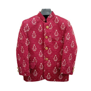 Kids Red Banarsi Embroidered Sequence Prince Coat